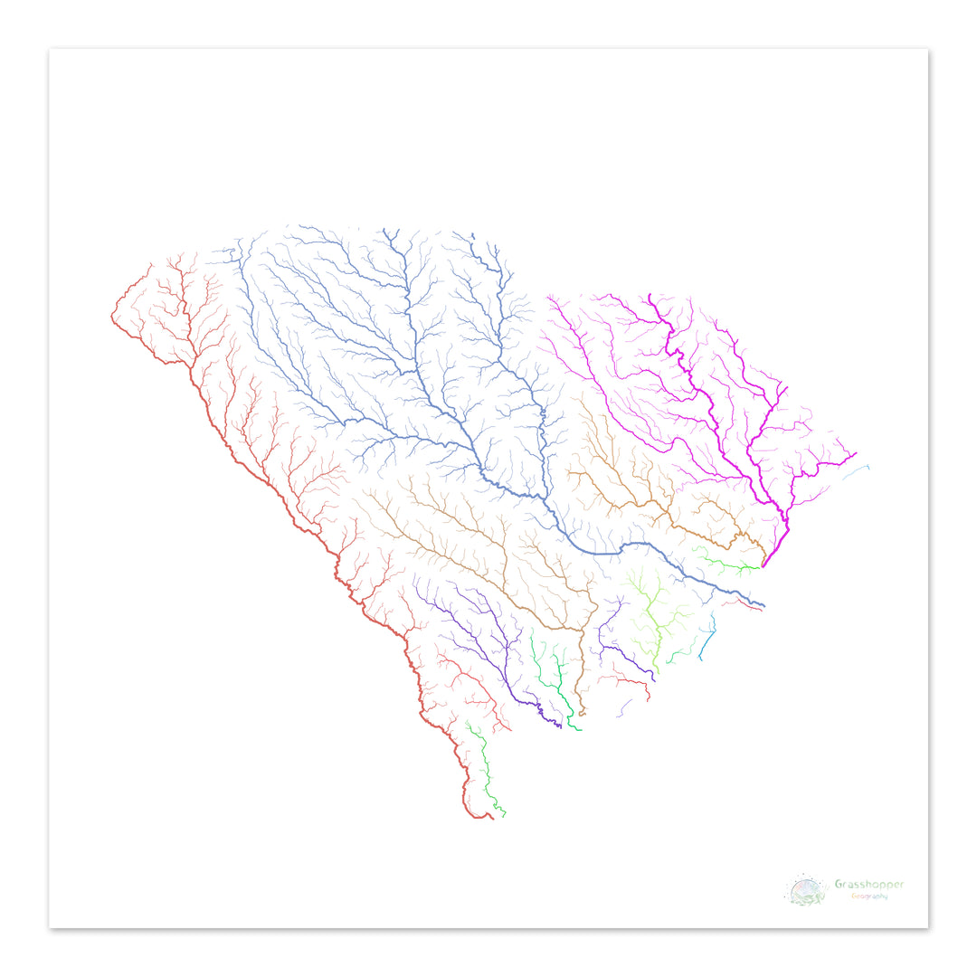 South Carolina - River basin map, rainbow on white - Fine Art Print