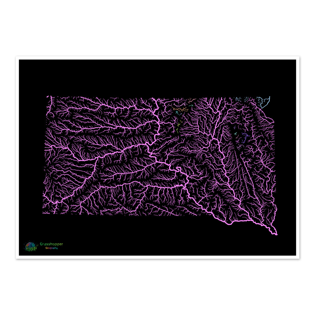 Dakota del Sur - Mapa de la cuenca fluvial, pastel sobre negro - Impresión de bellas artes