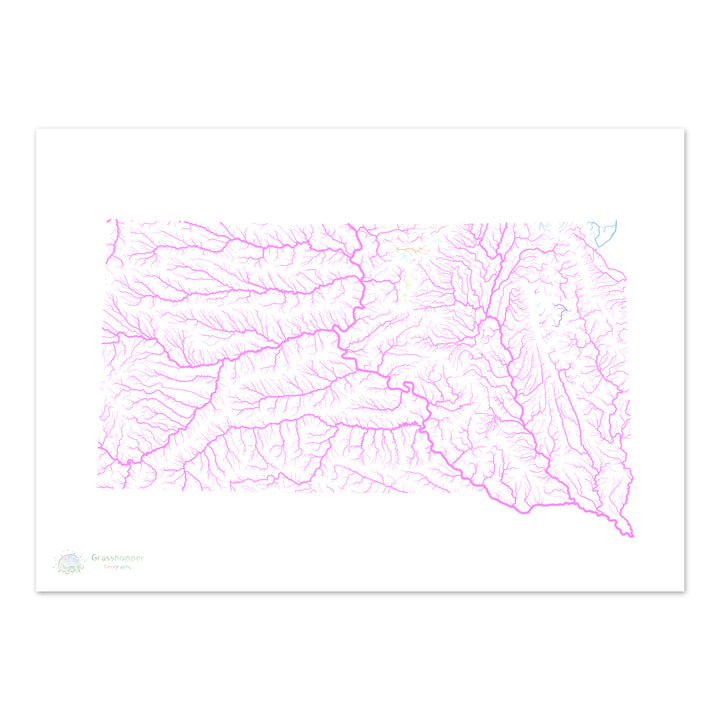 Dakota del Sur - Mapa de la cuenca del río, pastel sobre blanco - Impresión de Bellas Artes