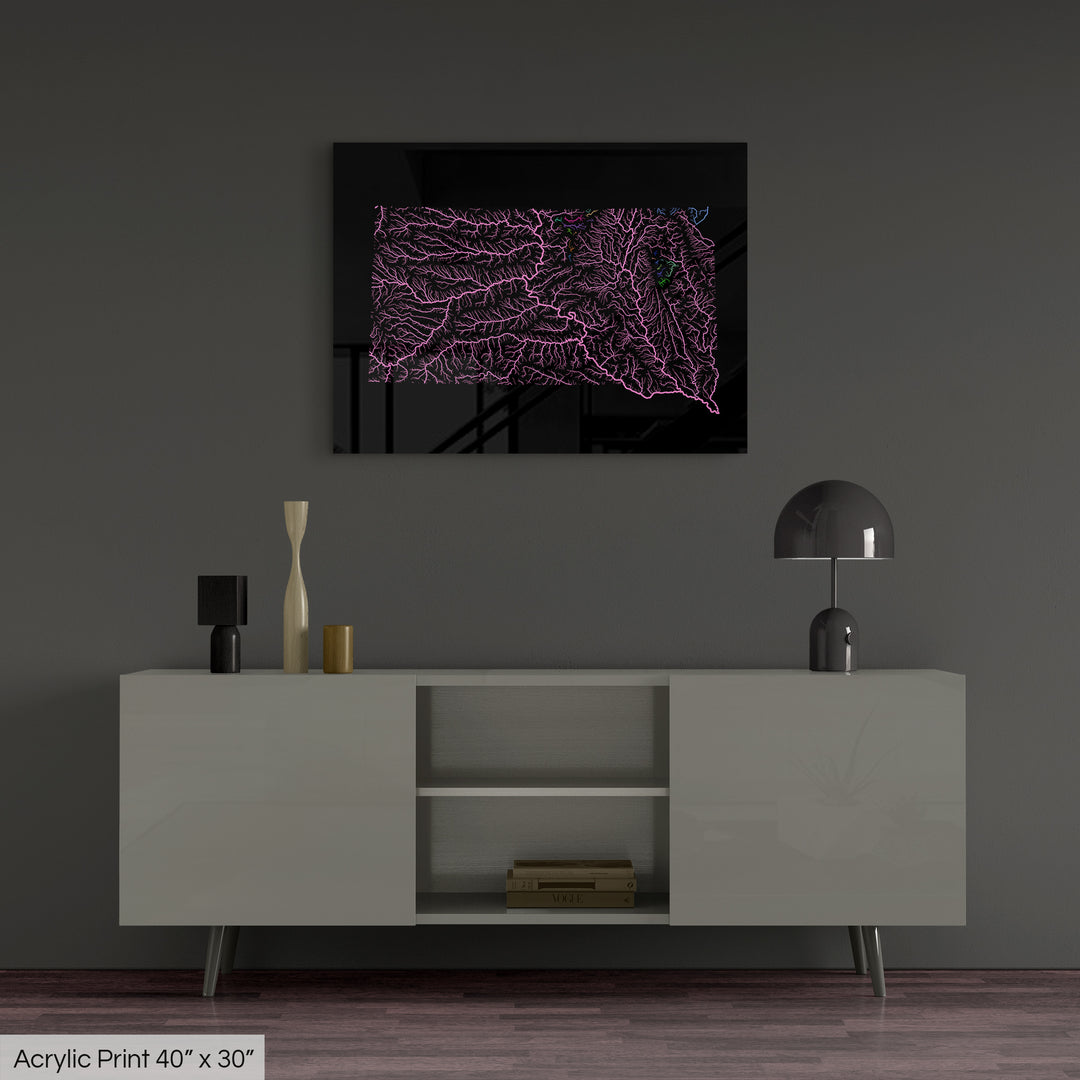 South Dakota - River basin map, rainbow colours - Wall Art