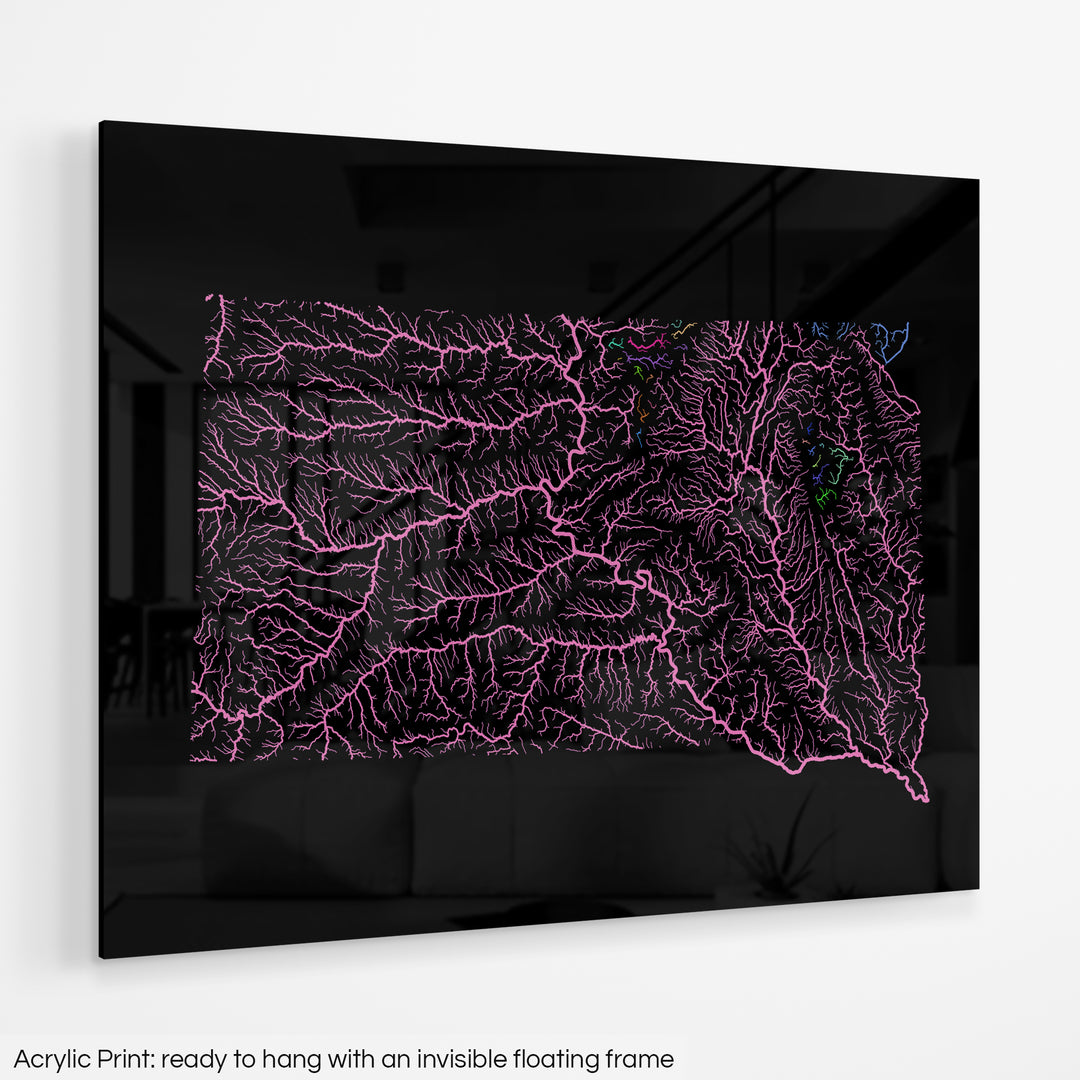 South Dakota - River basin map, rainbow colours - Wall Art