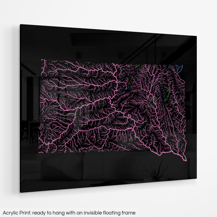 South Dakota - River basin map, rainbow colours - Wall Art