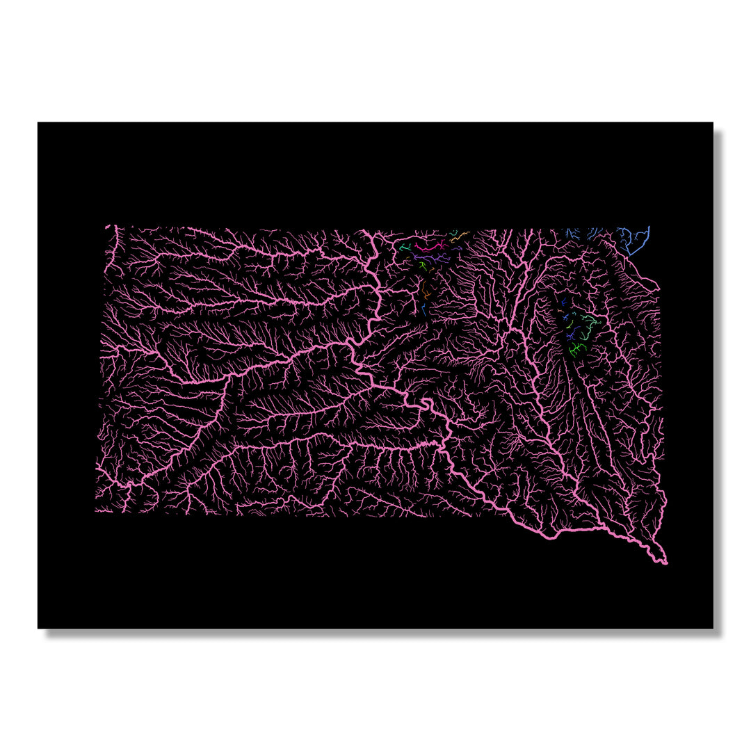 South Dakota - River basin map, rainbow colours - Wall Art