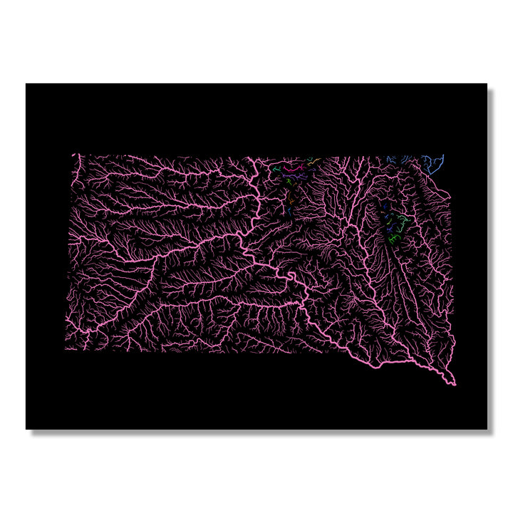 South Dakota - River basin map, rainbow colours - Wall Art