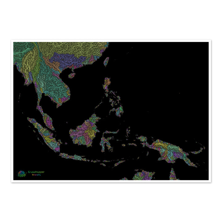 Asie du Sud-Est - Carte des bassins fluviaux, pastel sur noir - Fine Art Print