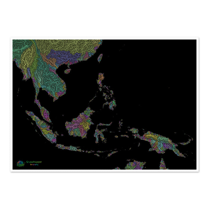 Sudeste Asiático - Mapa de la cuenca fluvial, pastel sobre negro - Impresión de Bellas Artes