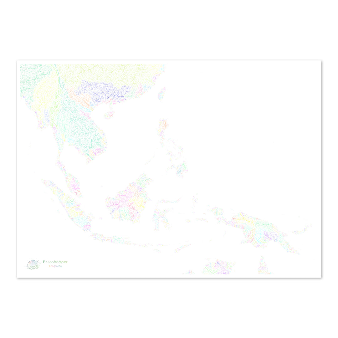 Asie du Sud-Est - Carte des bassins fluviaux, pastel sur blanc - Fine Art Print