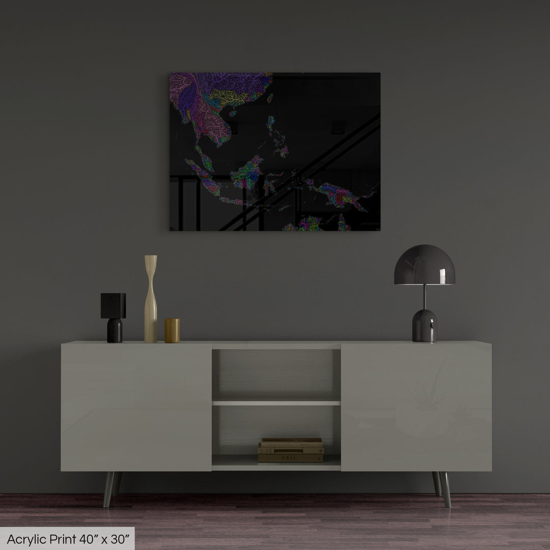 Southeast Asia - River basin map, rainbow colours - Wall Art