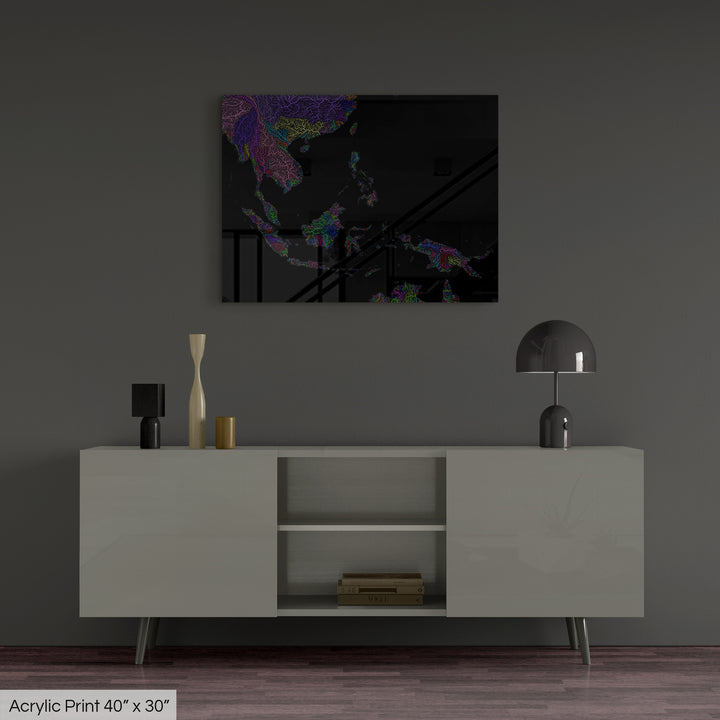 Southeast Asia - River basin map, rainbow colours - Wall Art