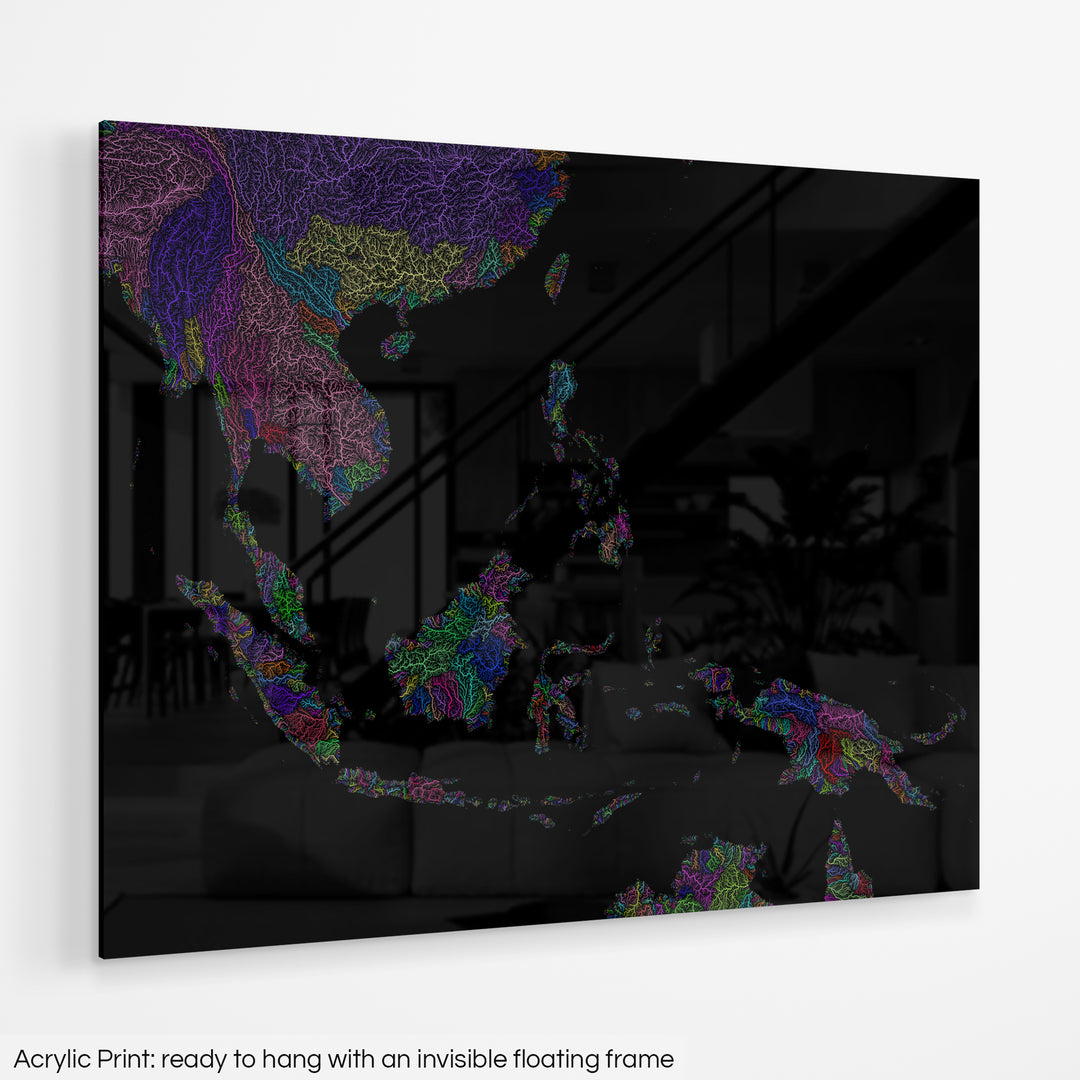 Southeast Asia - River basin map, rainbow colours - Wall Art