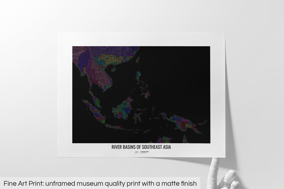 Southeast Asia - River basin map, rainbow colours - Wall Art
