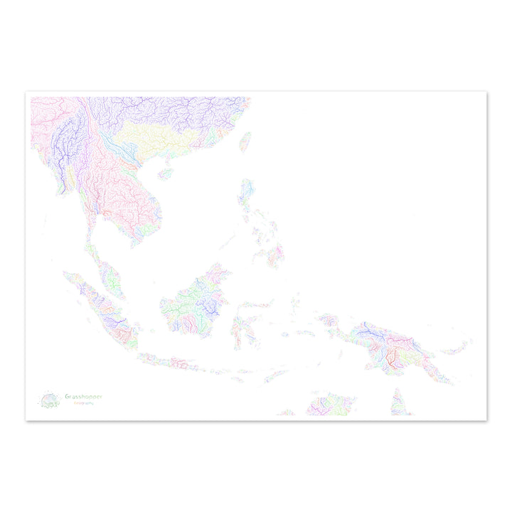 Sudeste Asiático - Mapa de cuencas fluviales, arco iris sobre blanco - Impresión de Bellas Artes