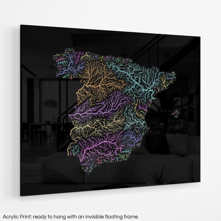 Spain - River basin map, pastel colours - Wall Art