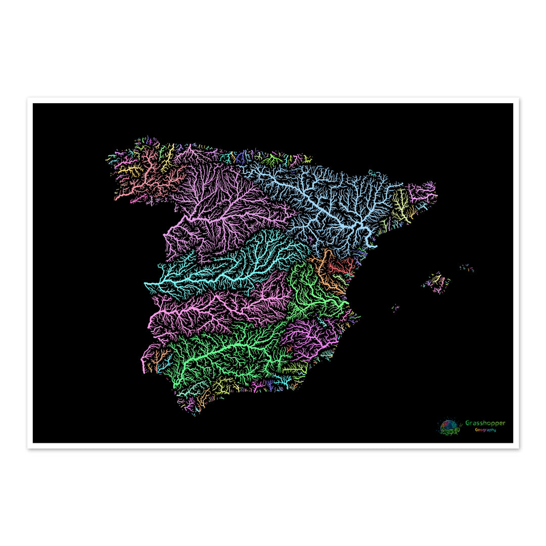 España - Mapa de cuencas hidrográficas, pastel sobre negro - Impresión de Bellas Artes