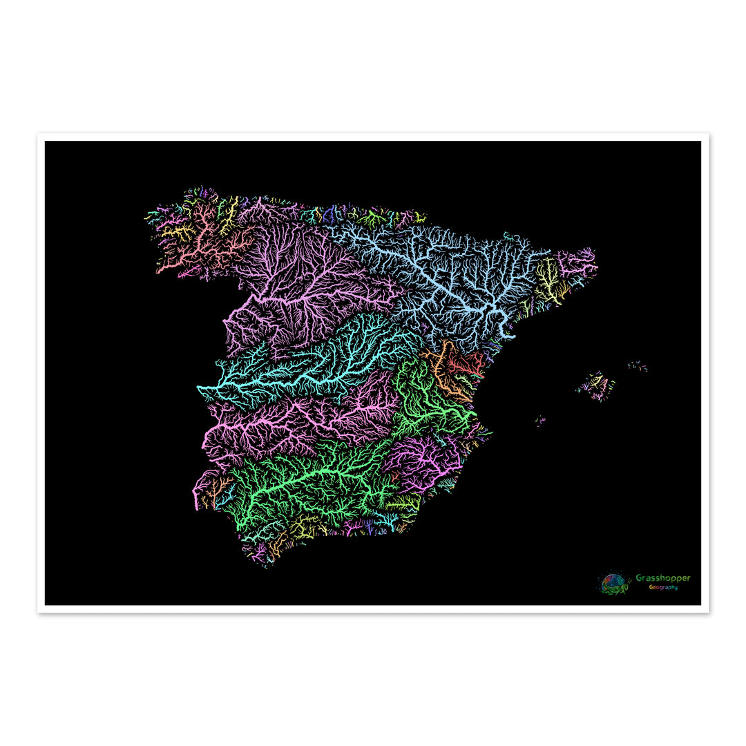 Spanien - Flussgebietskarte, Pastell auf Schwarz - Fine Art Print
