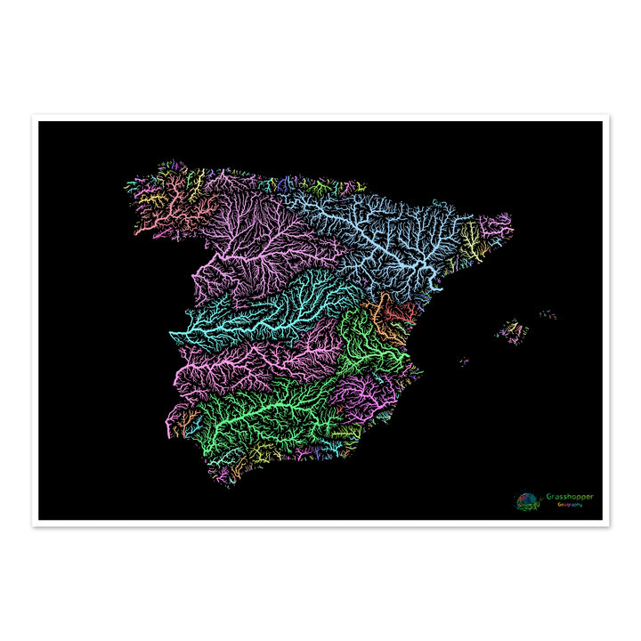 Spanien - Flussgebietskarte, Pastell auf Schwarz - Fine Art Print