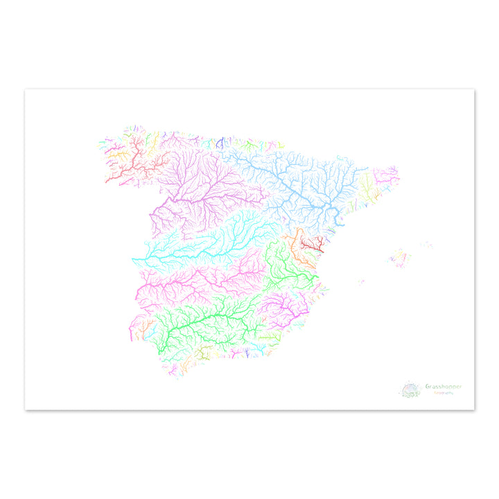 Espanha - Mapa da bacia hidrográfica, pastel sobre branco - Impressão de belas artes
