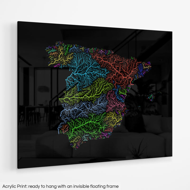 Spain - River basin map, rainbow colours - Wall Art