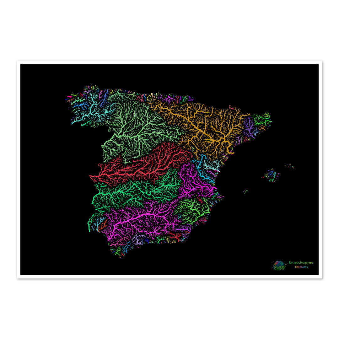 Spain - River basin map, rainbow on black - Fine Art Print