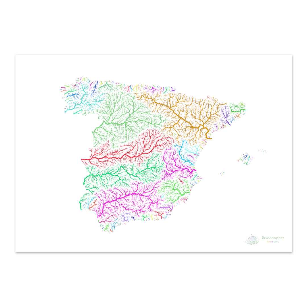 España - Mapa de cuencas hidrográficas, arcoíris sobre blanco - Impresión de Bellas Artes