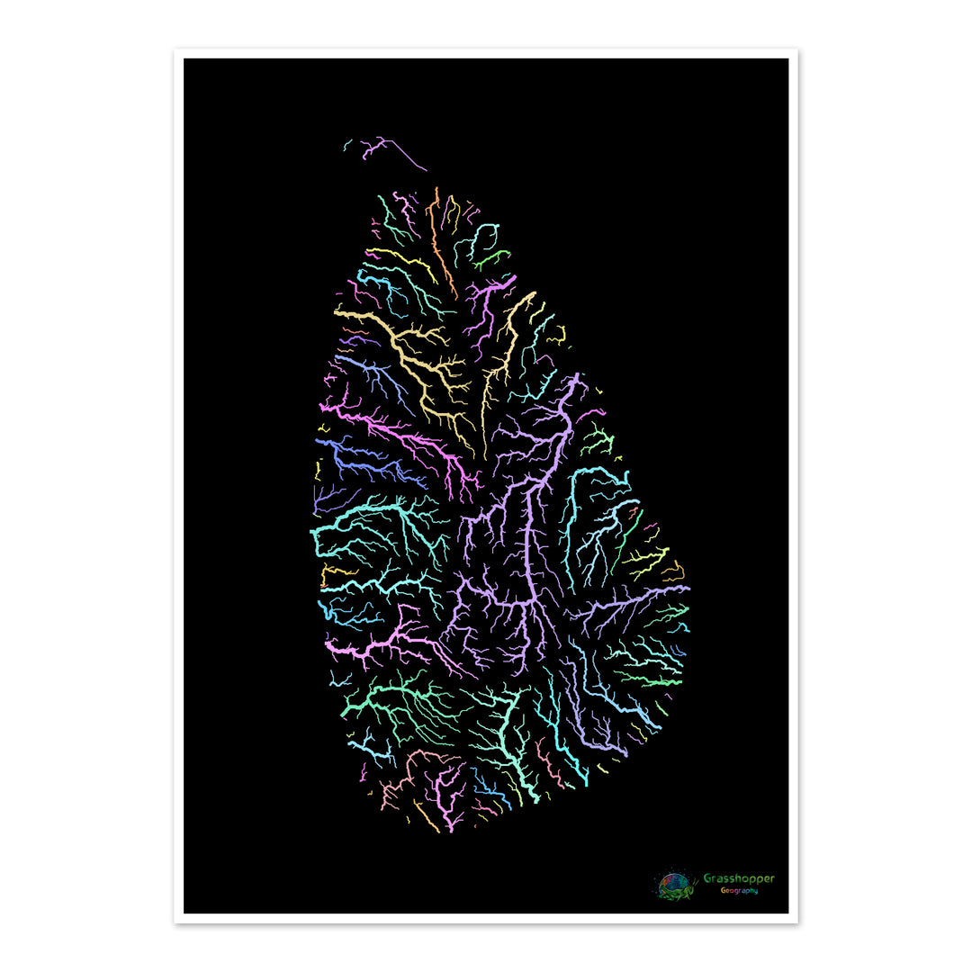 Sri Lanka - River basin map, pastel on black - Fine Art Print