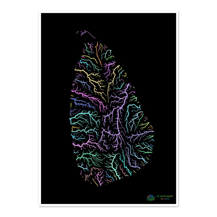 Sri Lanka - River basin map, pastel on black - Fine Art Print