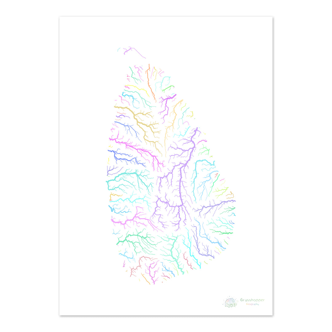 River basin map of Sri Lanka, pastel colours on white - Fine Art Print