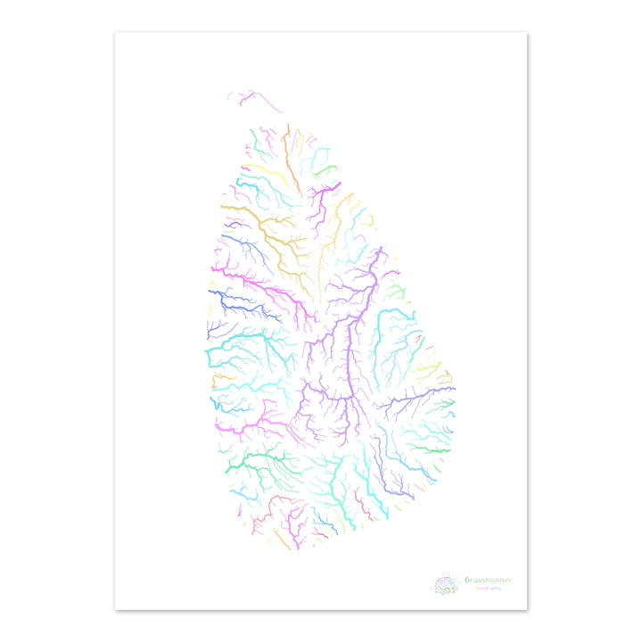 Sri Lanka - Carte du bassin fluvial, pastel sur blanc - Fine Art Print