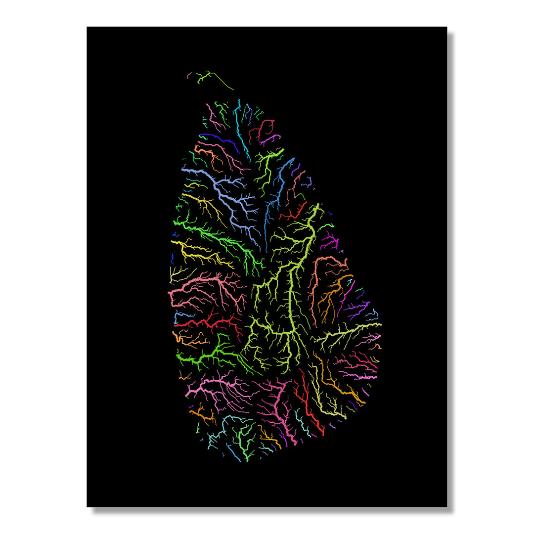 Sri Lanka - River basin map, rainbow colours - Wall Art