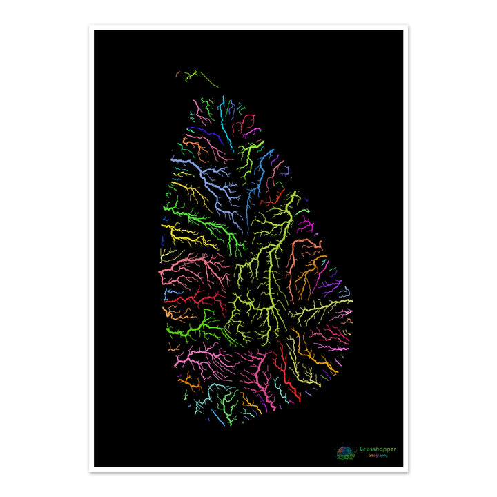 River basin map of Sri Lanka, rainbow colours on black - Fine Art Print