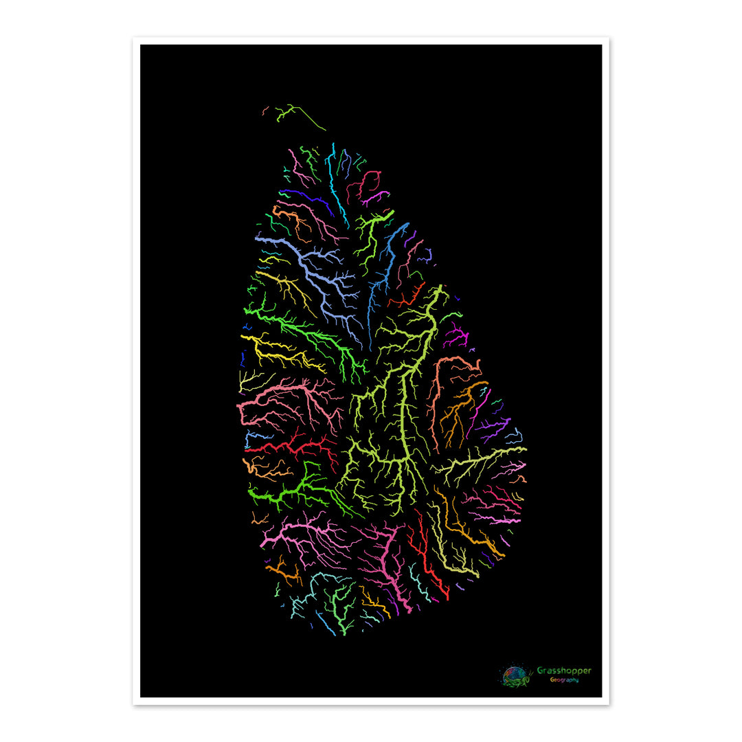 Sri Lanka - River basin map, rainbow on black - Fine Art Print