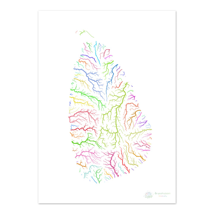Sri Lanka - Carte du bassin fluvial, arc-en-ciel sur blanc - Fine Art Print