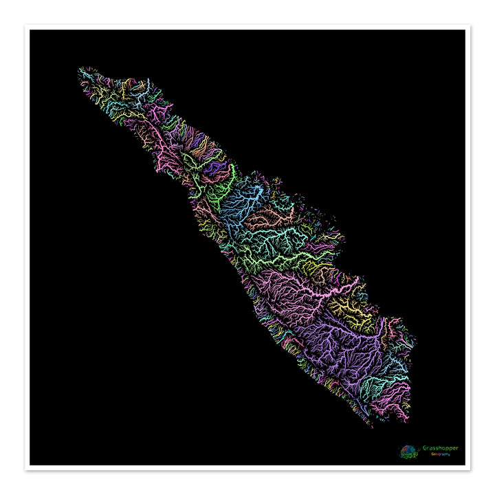 Sumatra - Mapa da bacia hidrográfica, pastel sobre preto - Impressão de belas artes