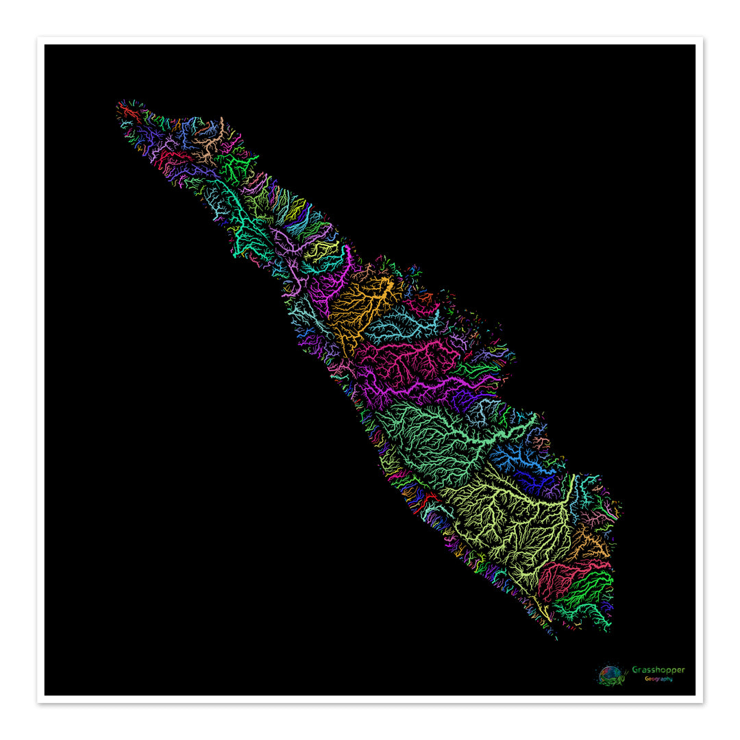 River basin map of Sumatra, rainbow colours on black - Fine Art Print