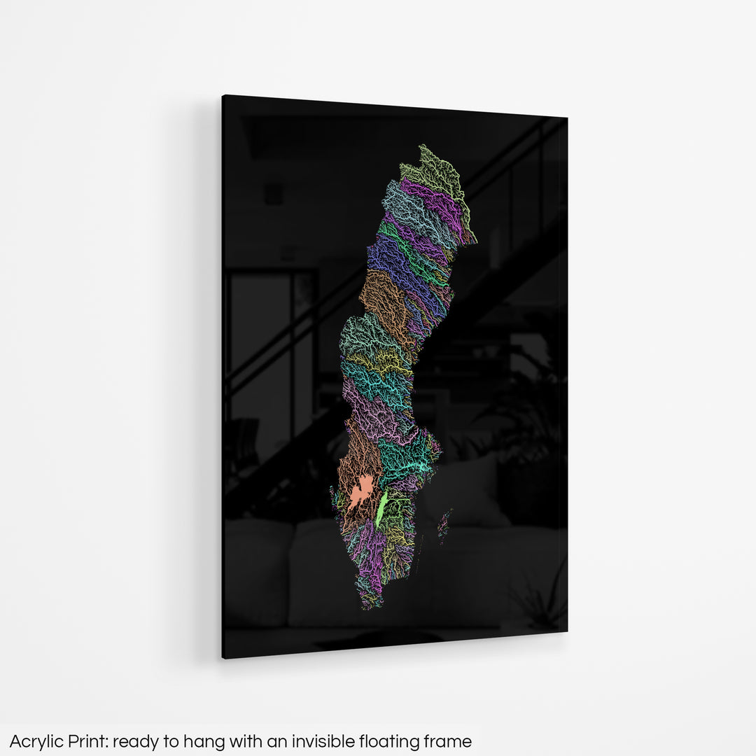 Sweden - River basin map, pastel colours - Wall Art
