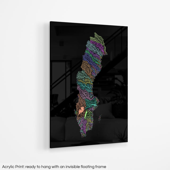 Sweden - River basin map, pastel colours - Wall Art
