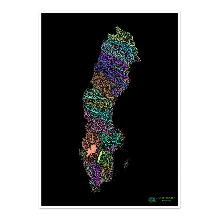 Suecia - Mapa de la cuenca fluvial, pastel sobre negro - Impresión de bellas artes