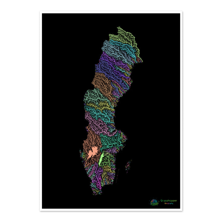 Sweden - River basin map, pastel on black - Fine Art Print