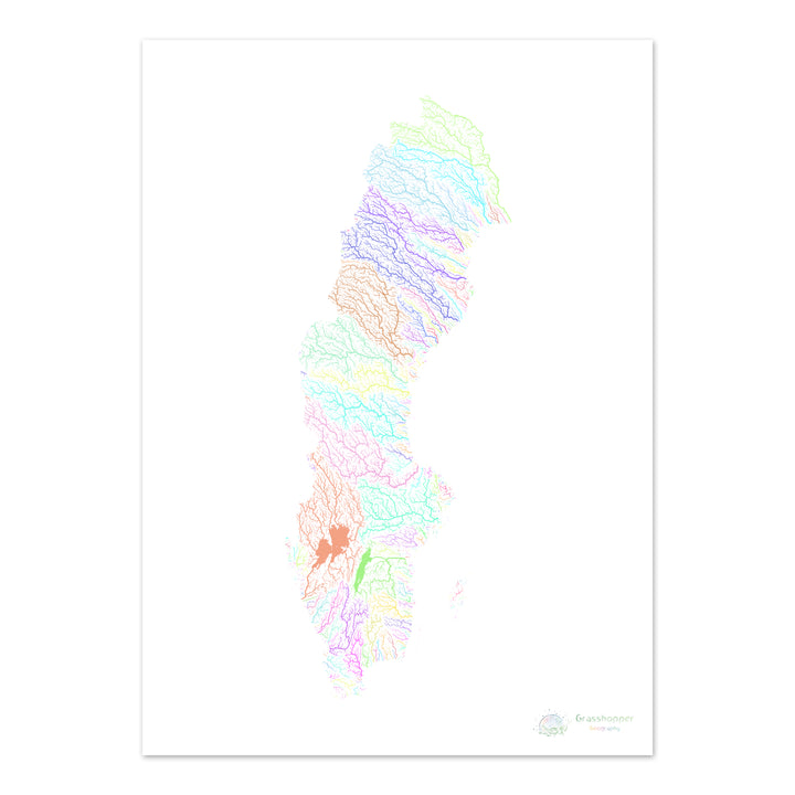 Suède - Carte des bassins fluviaux, pastel sur blanc - Fine Art Print