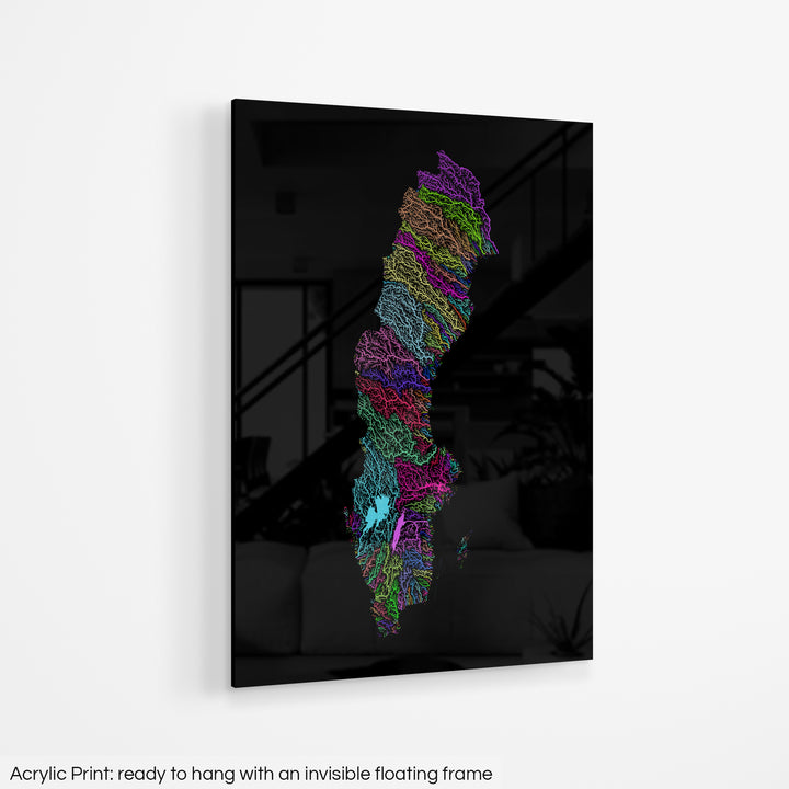 Sweden - River basin map, rainbow colours - Wall Art