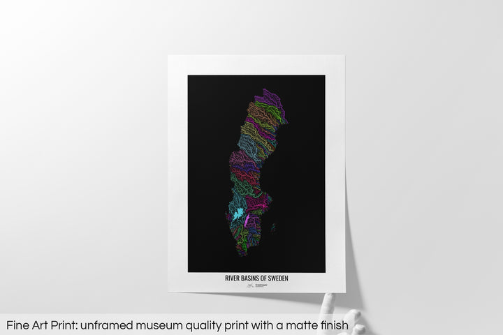 Sweden - River basin map, rainbow colours - Wall Art