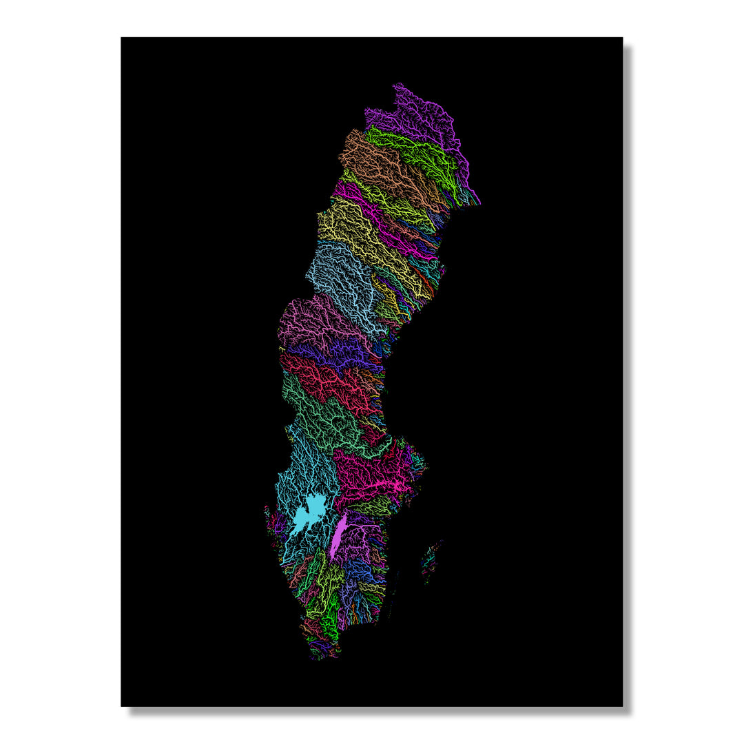 Sweden - River basin map, rainbow colours - Wall Art