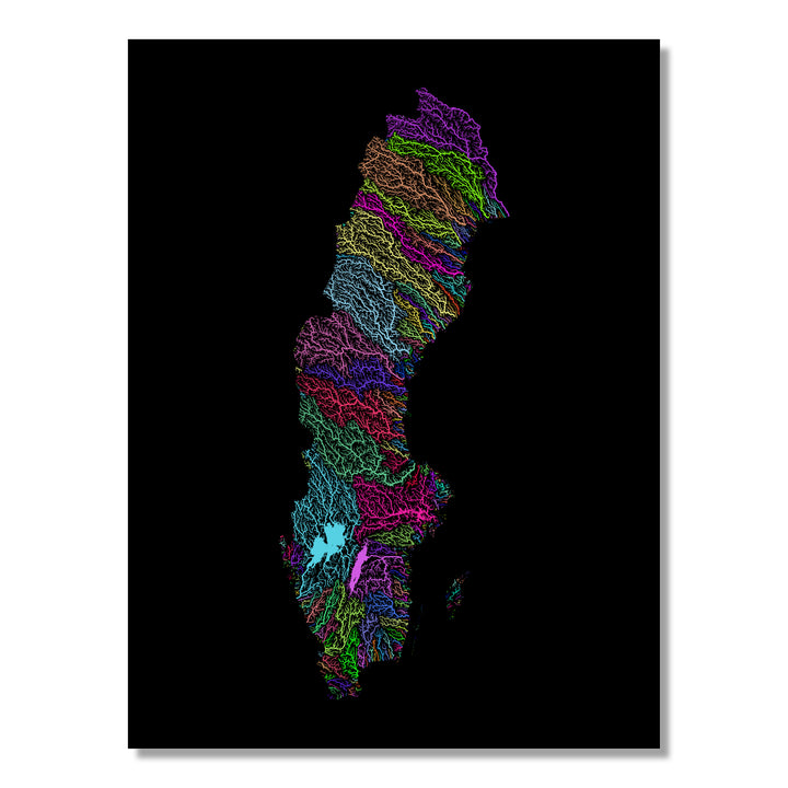 Sweden - River basin map, rainbow colours - Wall Art