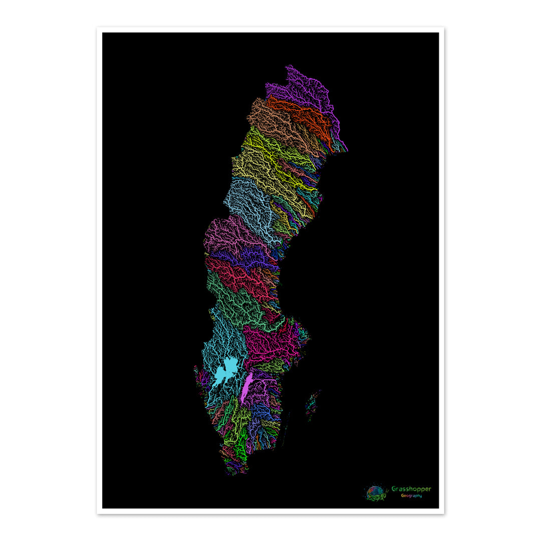 Suède - Carte des bassins fluviaux, arc-en-ciel sur noir - Fine Art Print