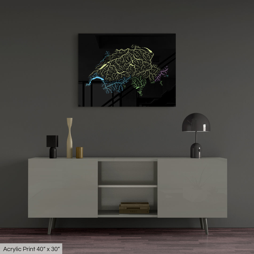 Switzerland - River basin map, pastel colours - Wall Art
