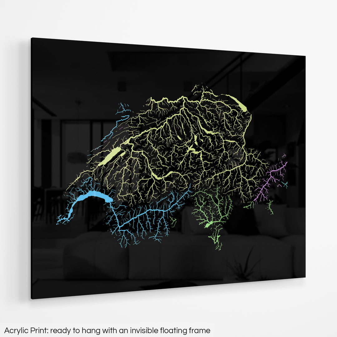 Switzerland - River basin map, pastel colours - Wall Art