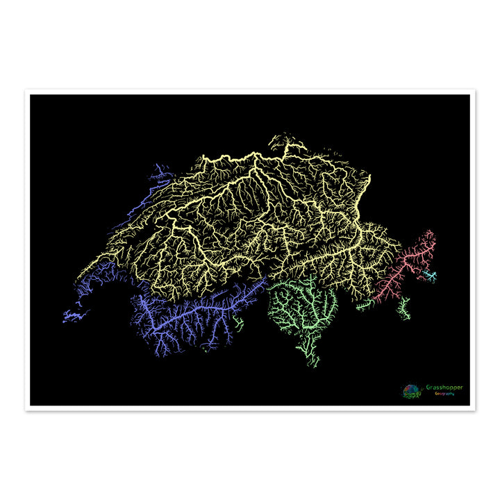 Suiza - Mapa de la cuenca fluvial, pastel sobre negro - Impresión de Bellas Artes
