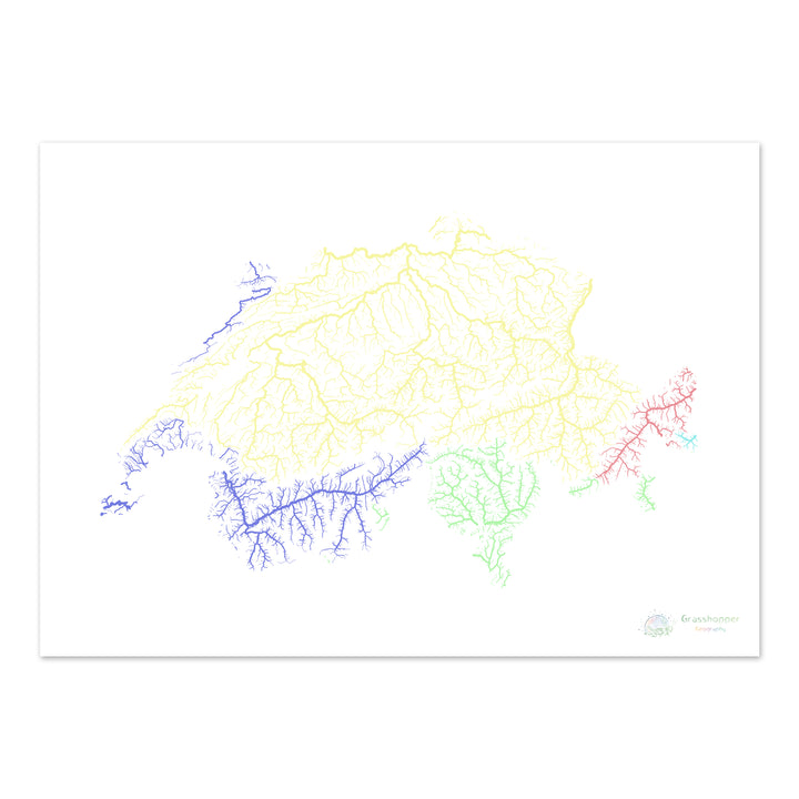 Suiza - Mapa de la cuenca fluvial, pastel sobre blanco - Impresión de Bellas Artes