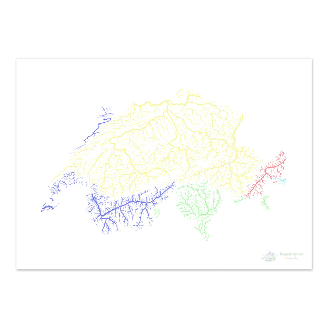 Suíça - Mapa da bacia hidrográfica, pastel sobre branco - Impressão de belas artes