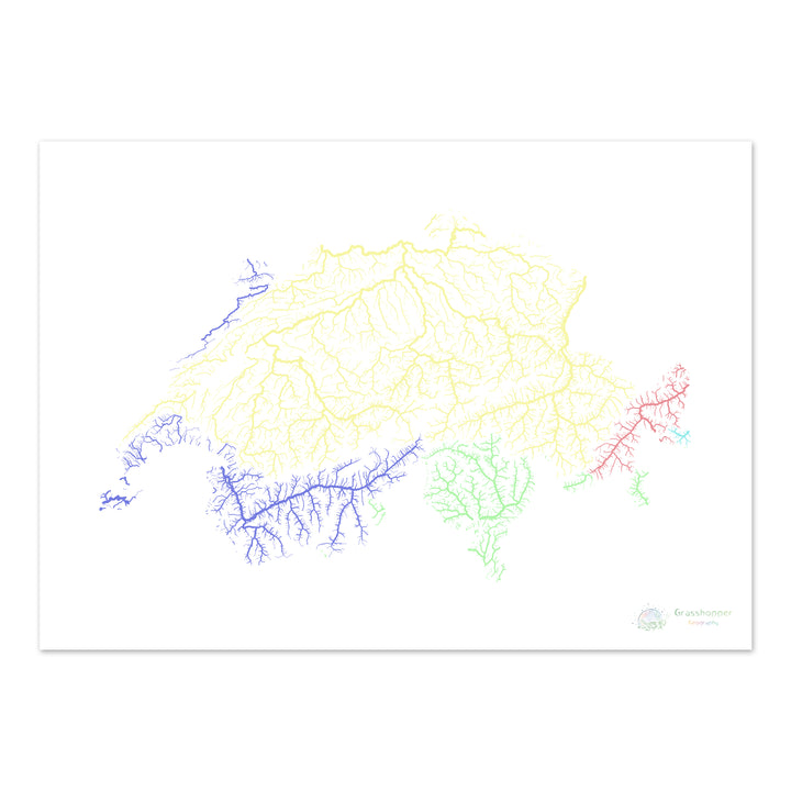 Suíça - Mapa da bacia hidrográfica, pastel sobre branco - Impressão de belas artes